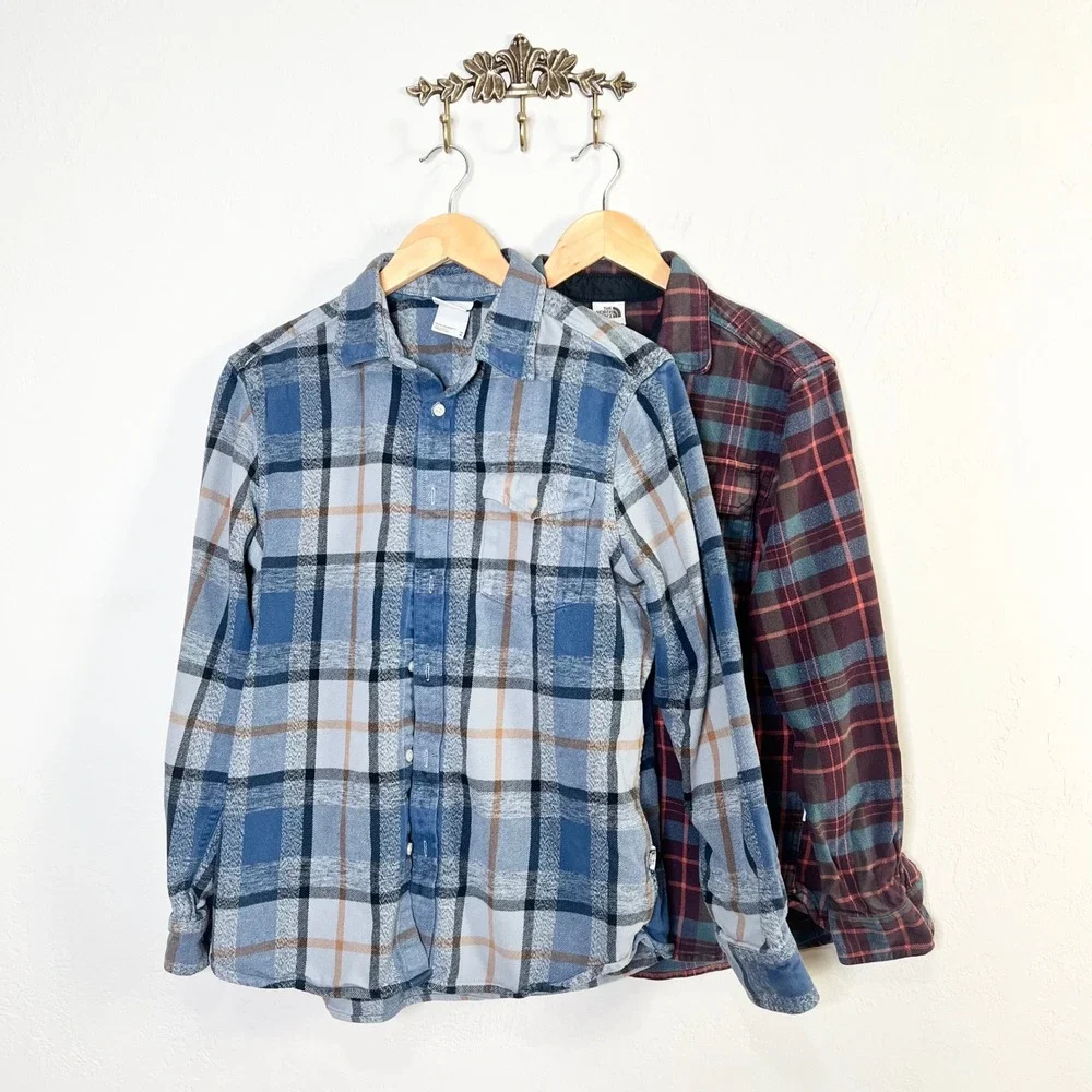 The North Face Flannel Shirt Bundle (2)‎ Mens Size M Blue Maroon Plaid Cotton